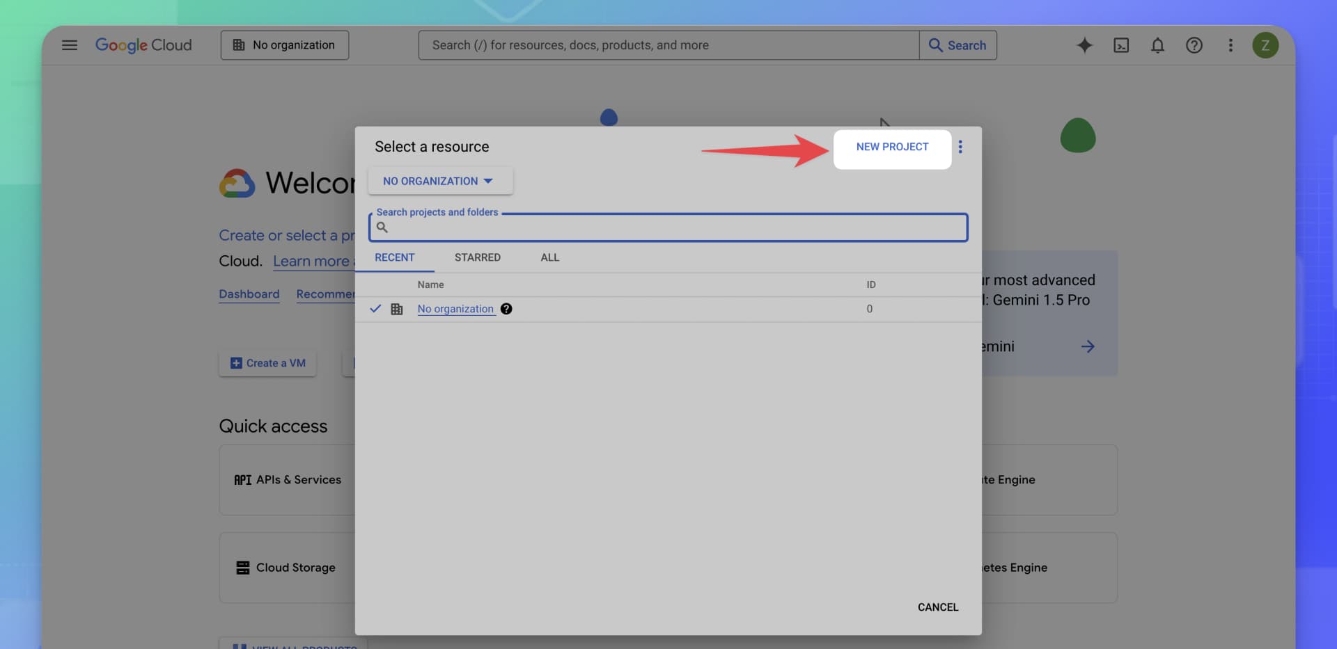 Google Cloud - Click NEW PROJECT