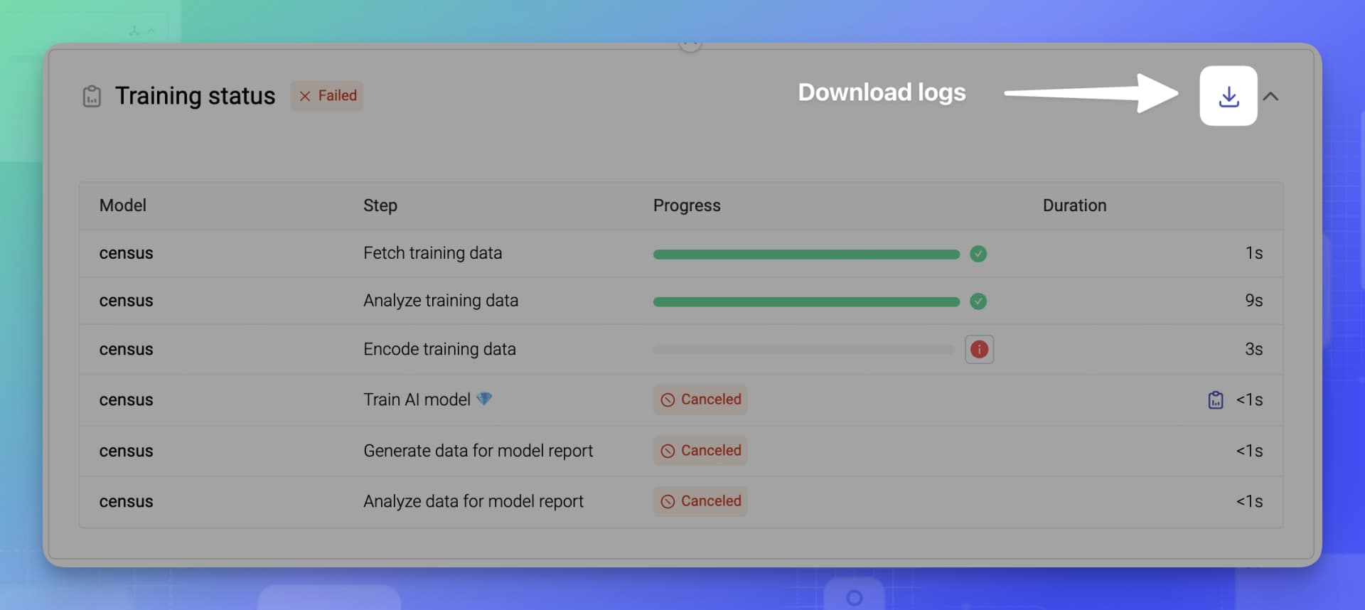 MOSTLY AI - Download logs for failed jobs