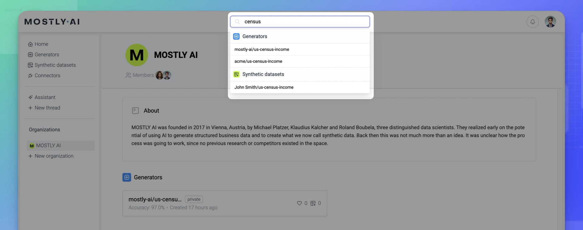 MOSTLY AI - Search bar - Example